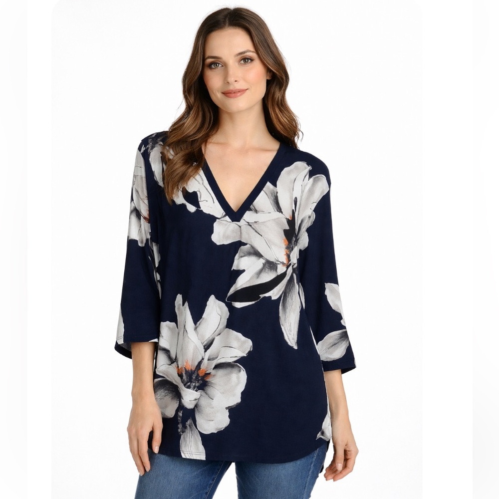 ZARA Navy Blue Floral Abstract Tunic Blouse M NWOT